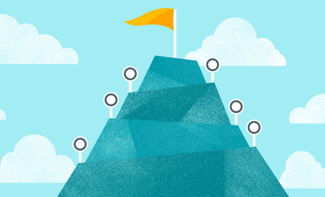 Defining Your Objectives. A caricature of a mountain top with a flag on top. Depiction of goals