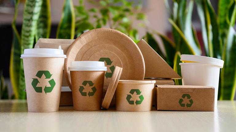 Paper eco-friendly disposable tableware with recycling signs on the background of green plants.